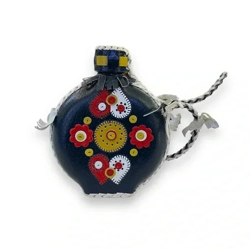 Vintage Folk Art Leather Wrapped Glass Flask
